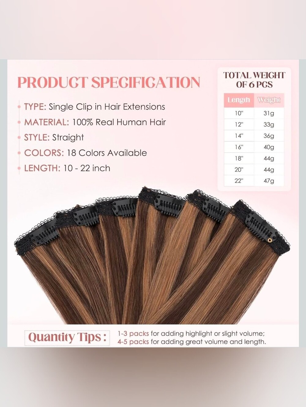 12"Hairro 6pcs Clip In 100%Real Human Hair Extensions, Single Clip Design#2RP6 - Picture 3 of 6